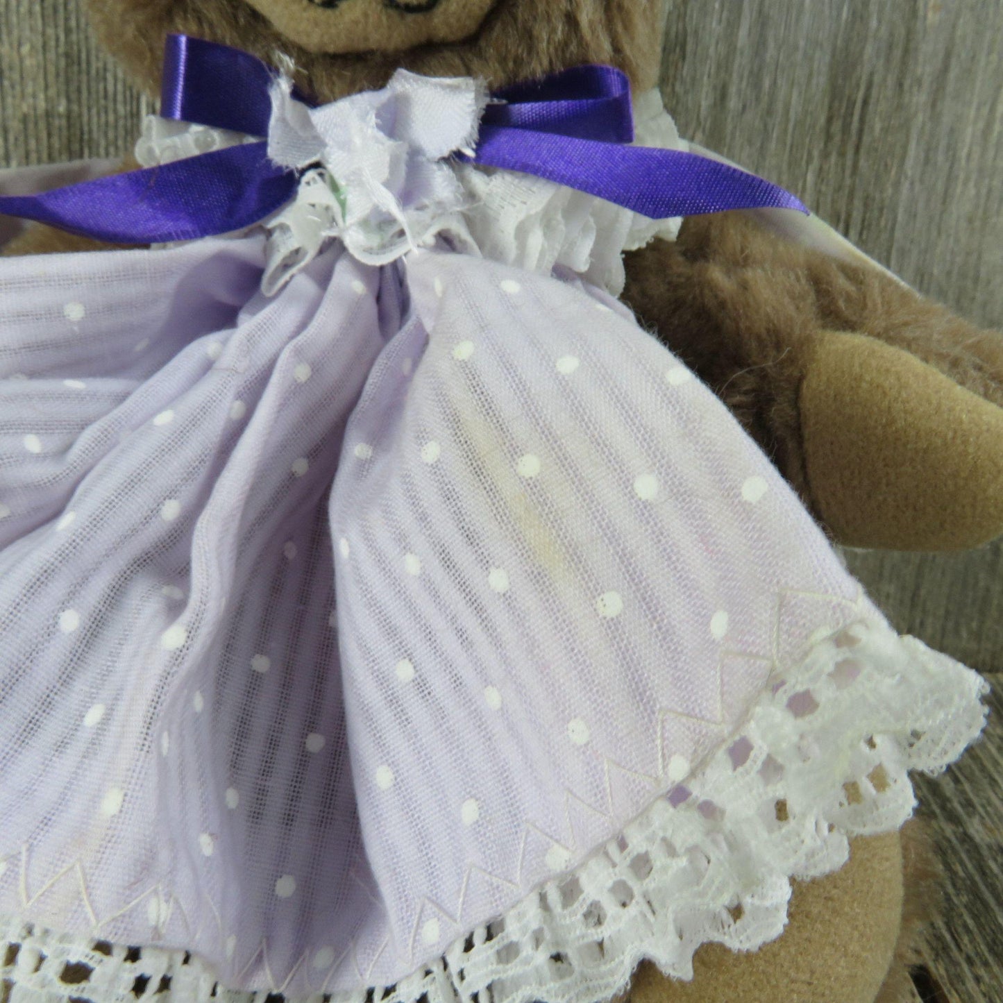 Vintage Teddy Bear Plush Purple Polk a Dot Dress Flower Hat Ribbon Dusty's Dream Jointed Stuffed Animal