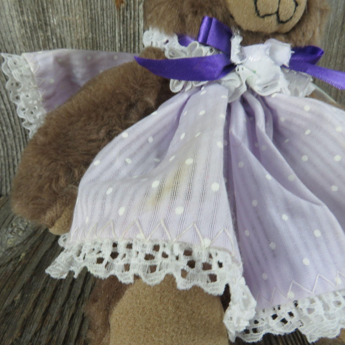 Vintage Teddy Bear Plush Purple Polk a Dot Dress Flower Hat Ribbon Dusty's Dream Jointed Stuffed Animal