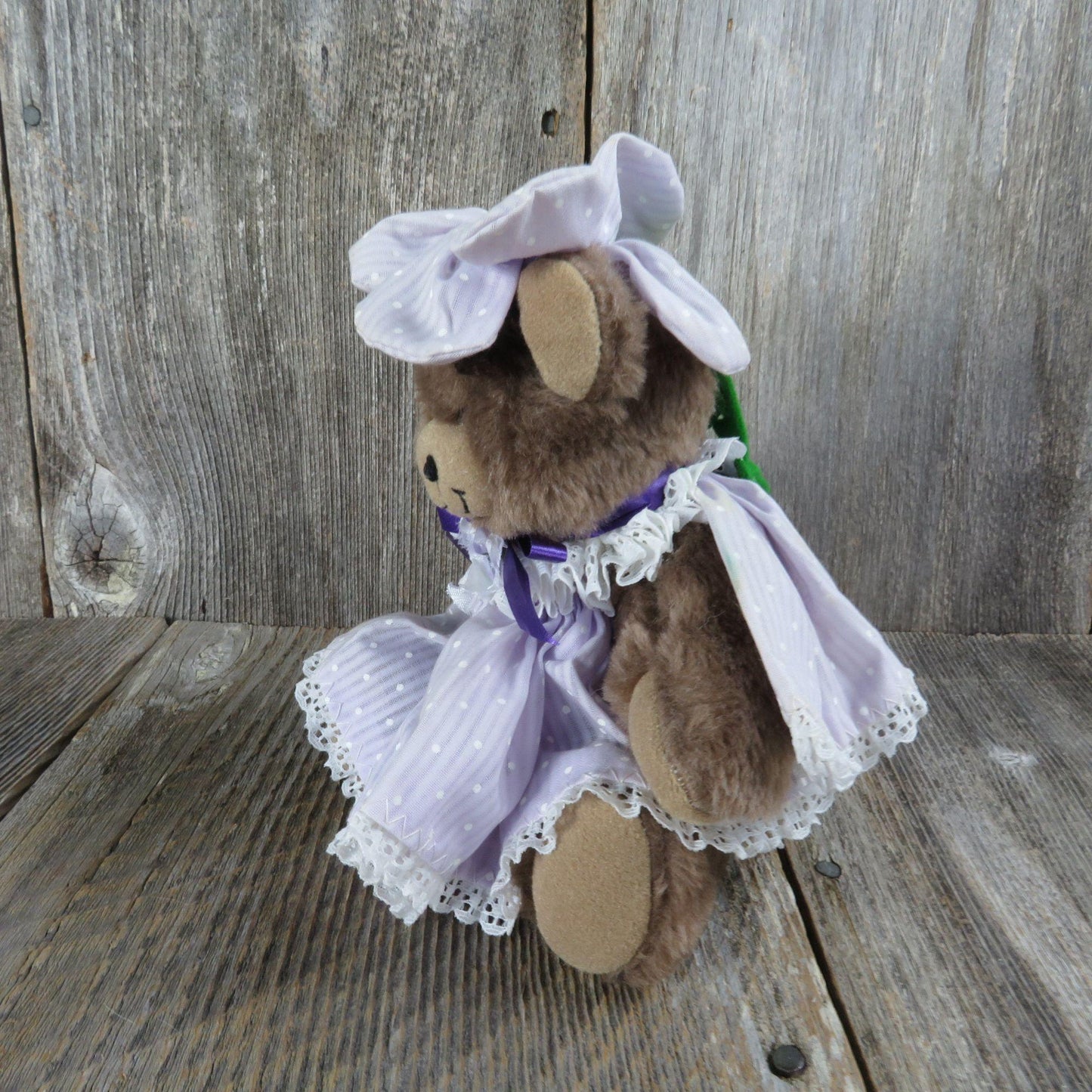 Vintage Teddy Bear Plush Purple Polk a Dot Dress Flower Hat Ribbon Dusty's Dream Jointed Stuffed Animal