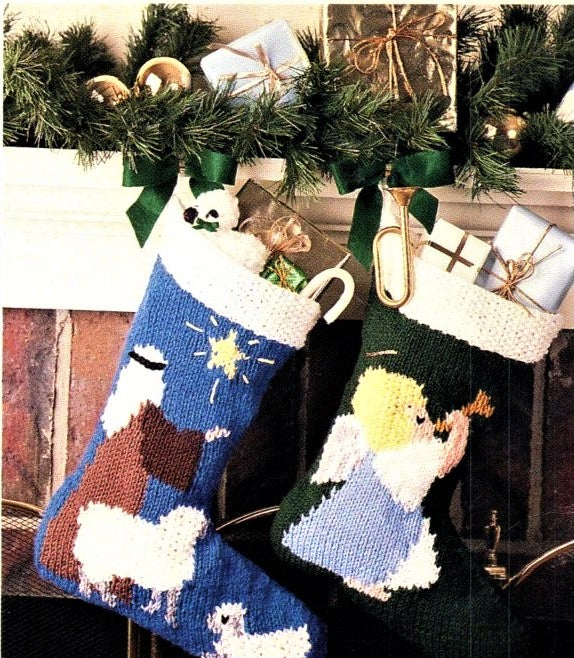 Vintage Knit Christmas Stocking Pattern Santa Claus Teddy Bear Angel Shepard Snowman Knitted PDF Pattern - At Grandma's Table