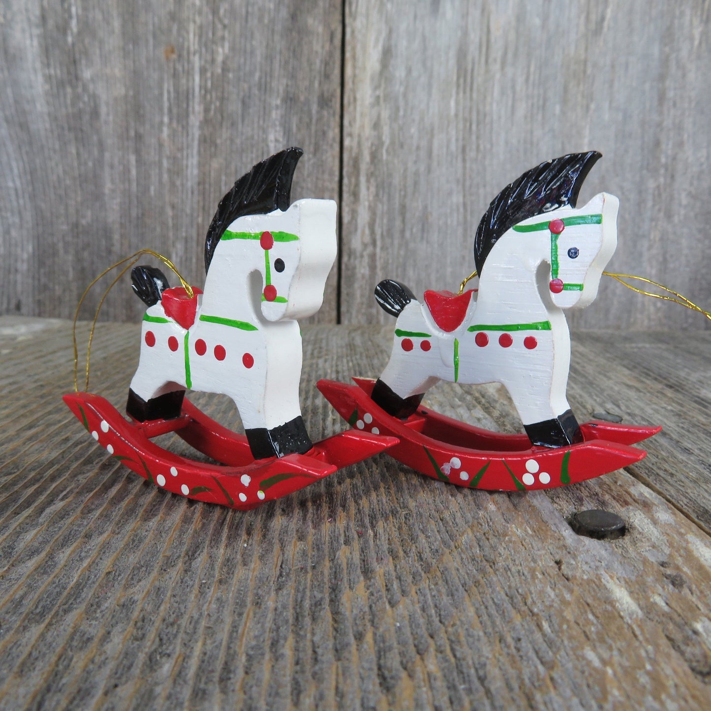 Vintage Wooden Rocking Horse Ornament Set White Christmas Pony Painted Red