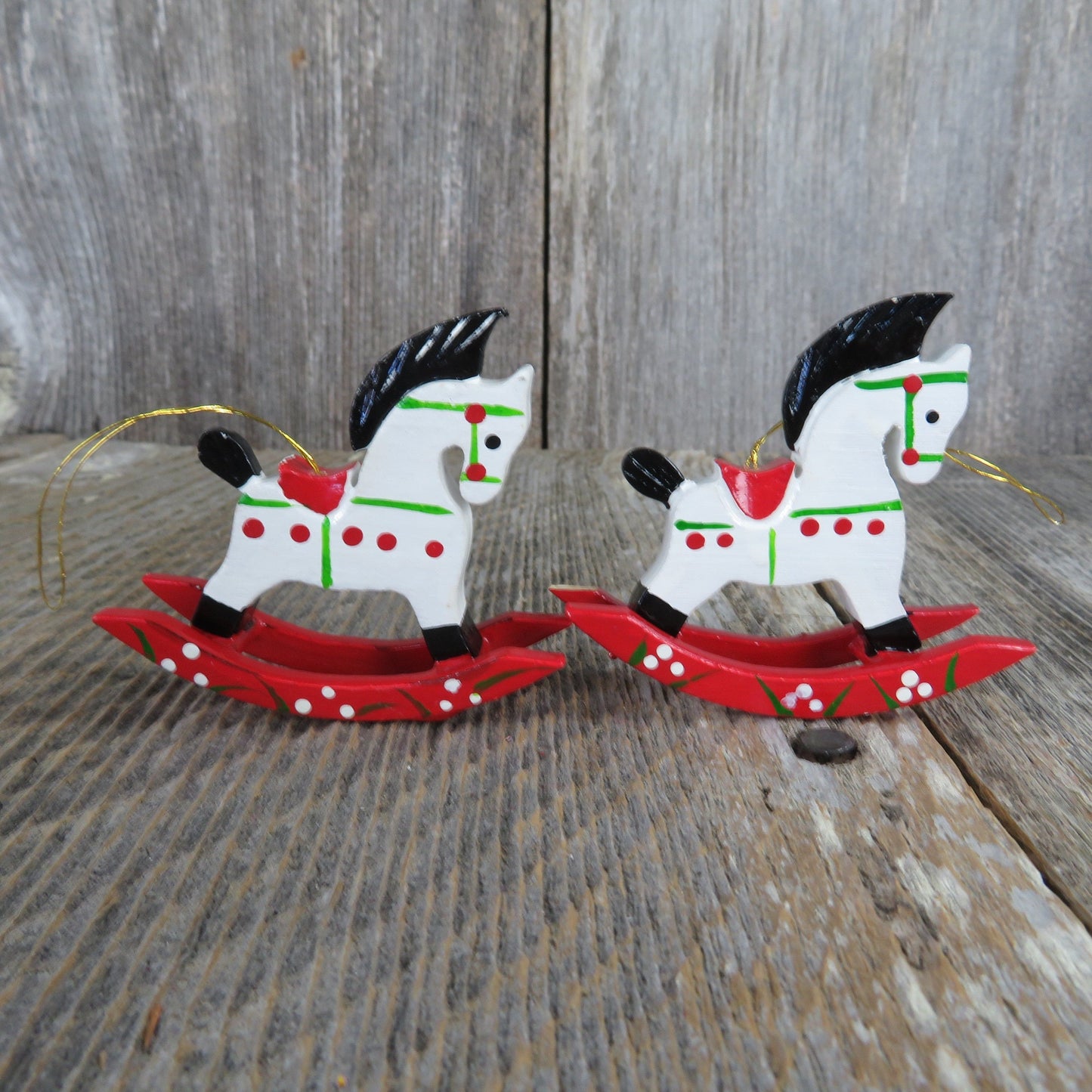 Vintage Wooden Rocking Horse Ornament Set White Christmas Pony Painted Red