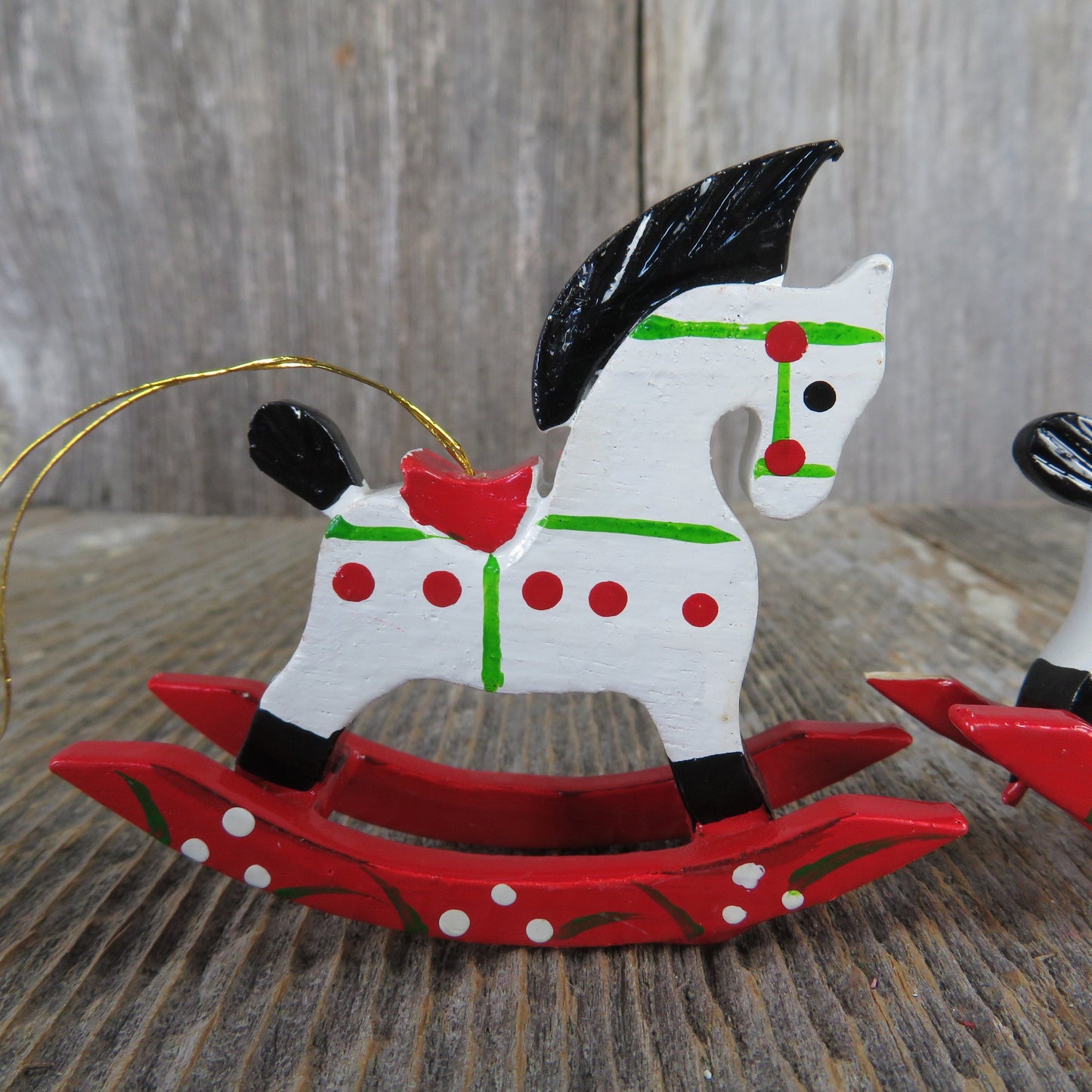 Vintage Wooden Rocking Horse Ornament Set White Christmas Pony Painted Red