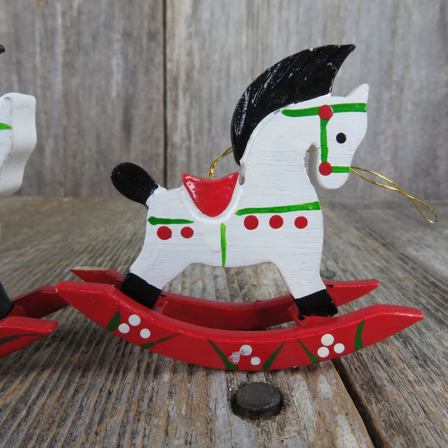 Vintage Wooden Rocking Horse Ornament Set White Christmas Pony Painted Red