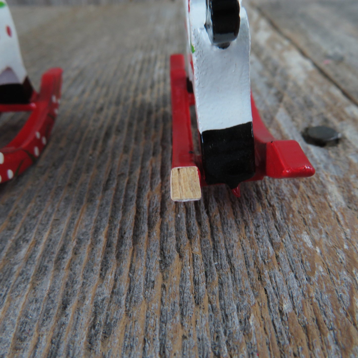 Vintage Wooden Rocking Horse Ornament Set White Christmas Pony Painted Red