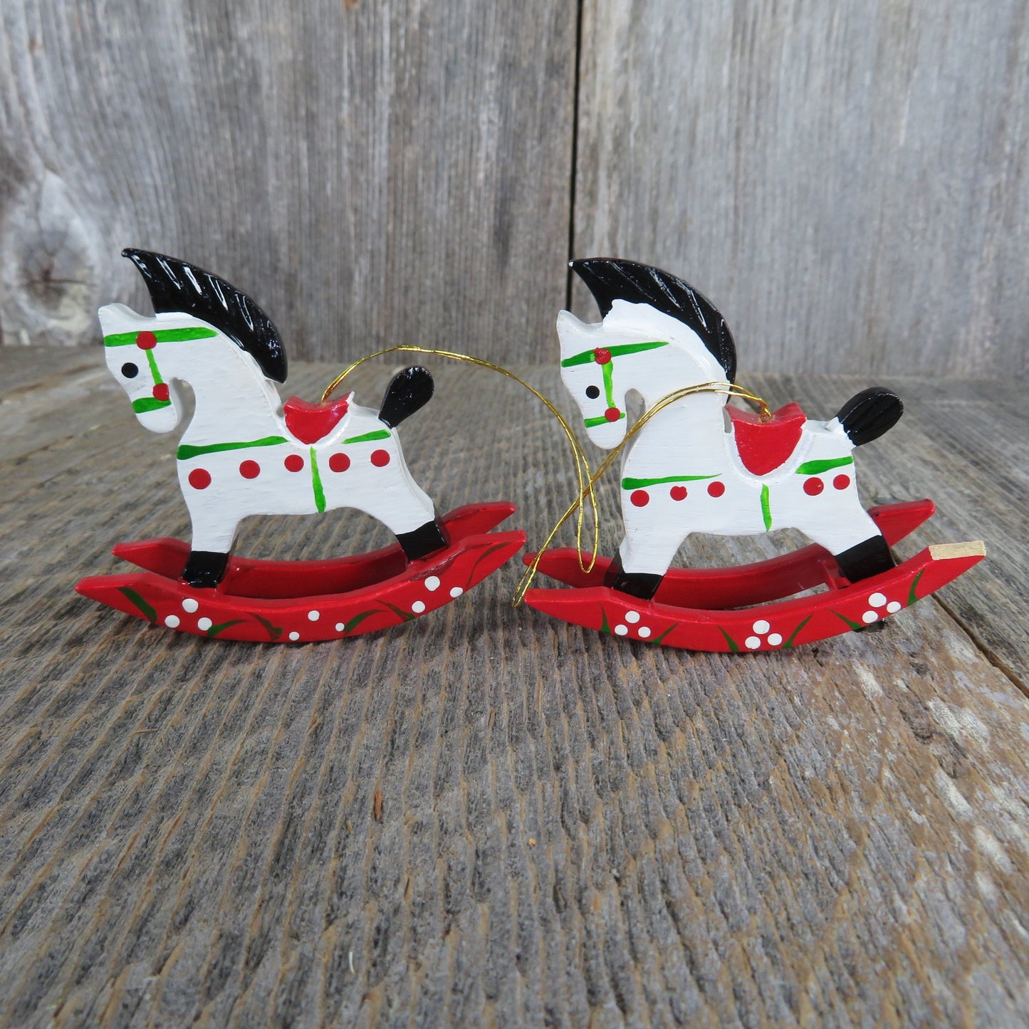 Vintage Wooden Rocking Horse Ornament Set White Christmas Pony Painted Red