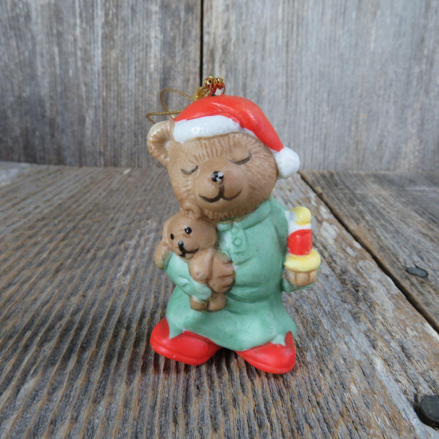 Vintage Bear In Pajamas Teddy and Candle Ornament Ceramic Porcelain Christmas