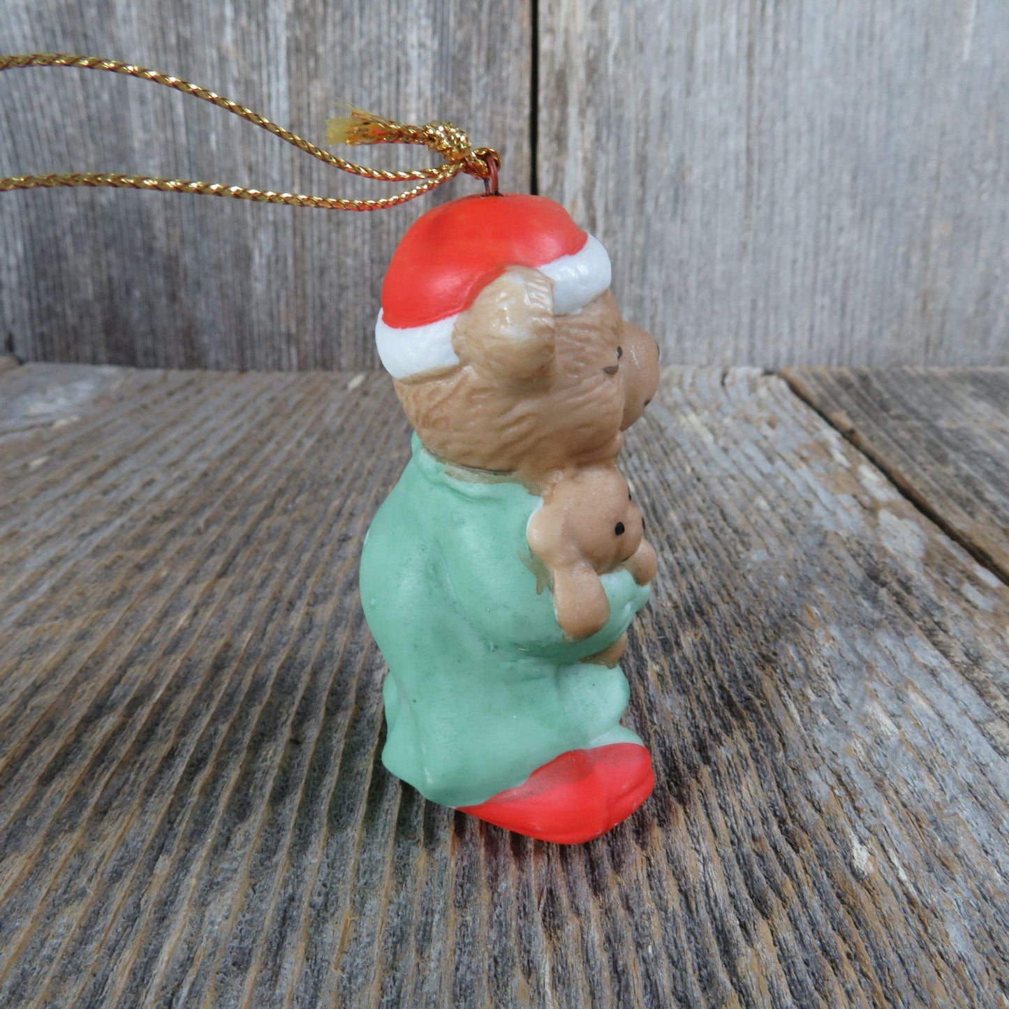 Vintage Bear In Pajamas Teddy and Candle Ornament Ceramic Porcelain Christmas