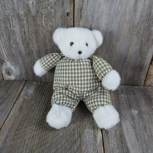 Vintage Puffy Teddy Bear Brown Gingham Plush White Soft Floppy Calico