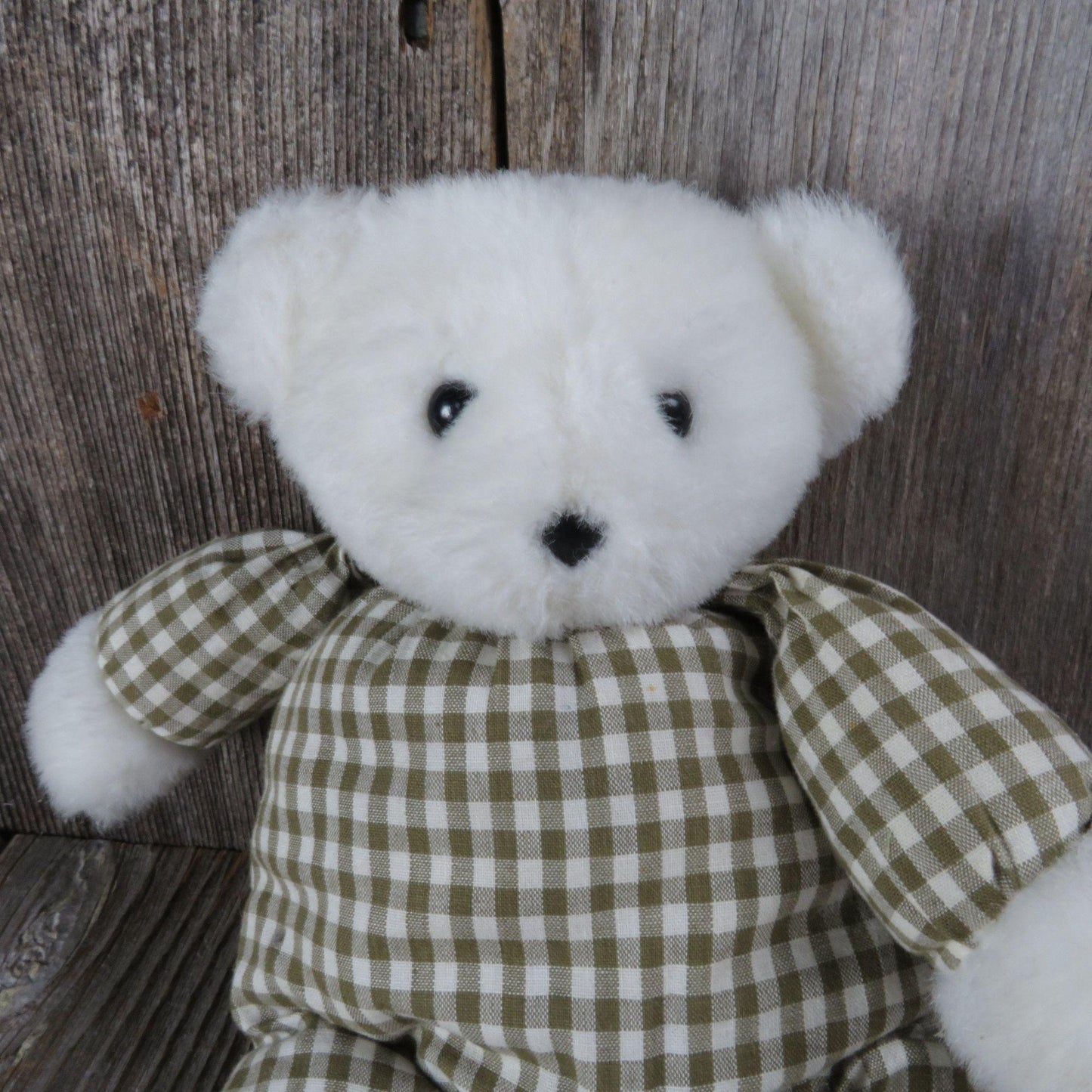 Vintage Puffy Teddy Bear Brown Gingham Plush White Soft Floppy Calico