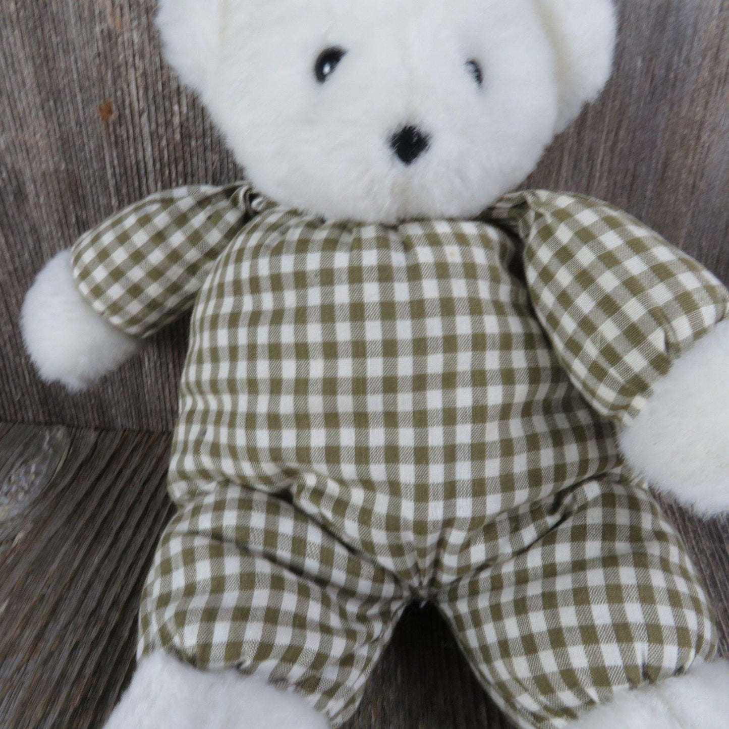 Vintage Puffy Teddy Bear Brown Gingham Plush White Soft Floppy Calico