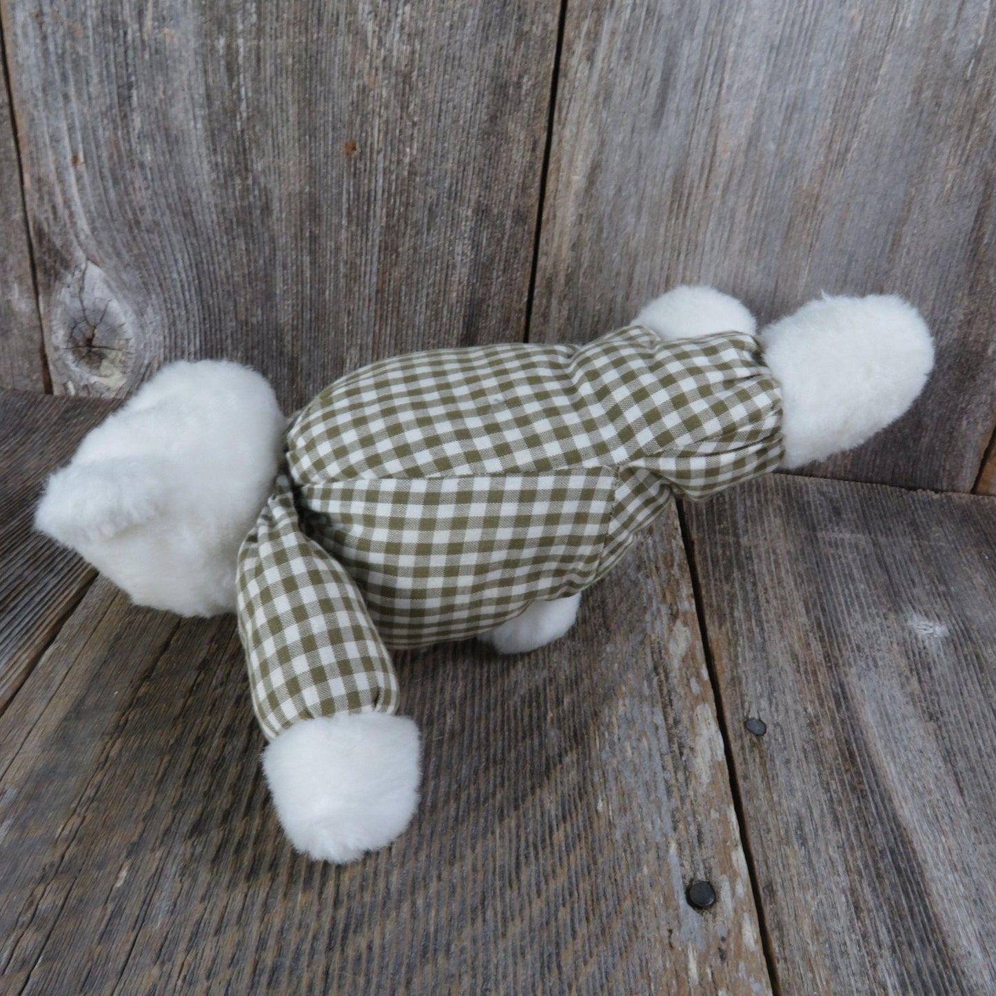 Vintage Puffy Teddy Bear Brown Gingham Plush White Soft Floppy Calico