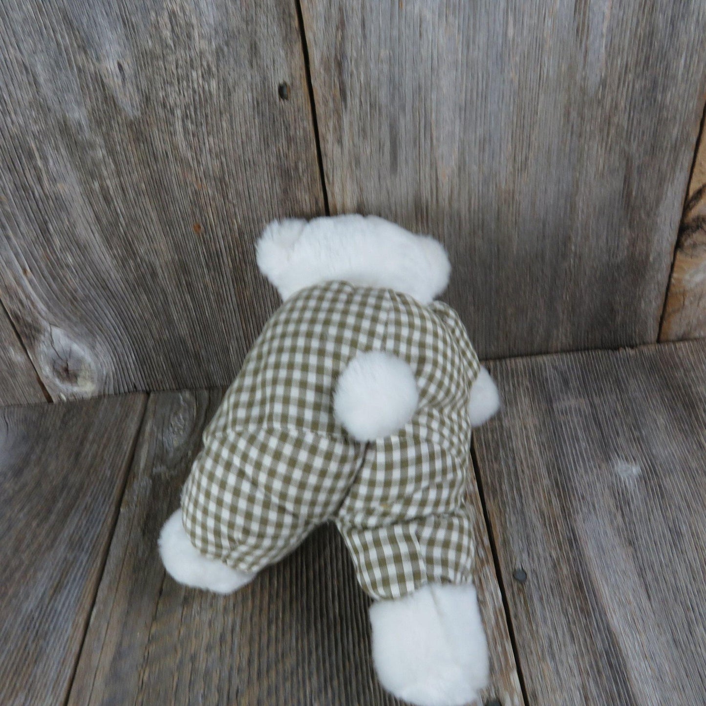 Vintage Puffy Teddy Bear Brown Gingham Plush White Soft Floppy Calico