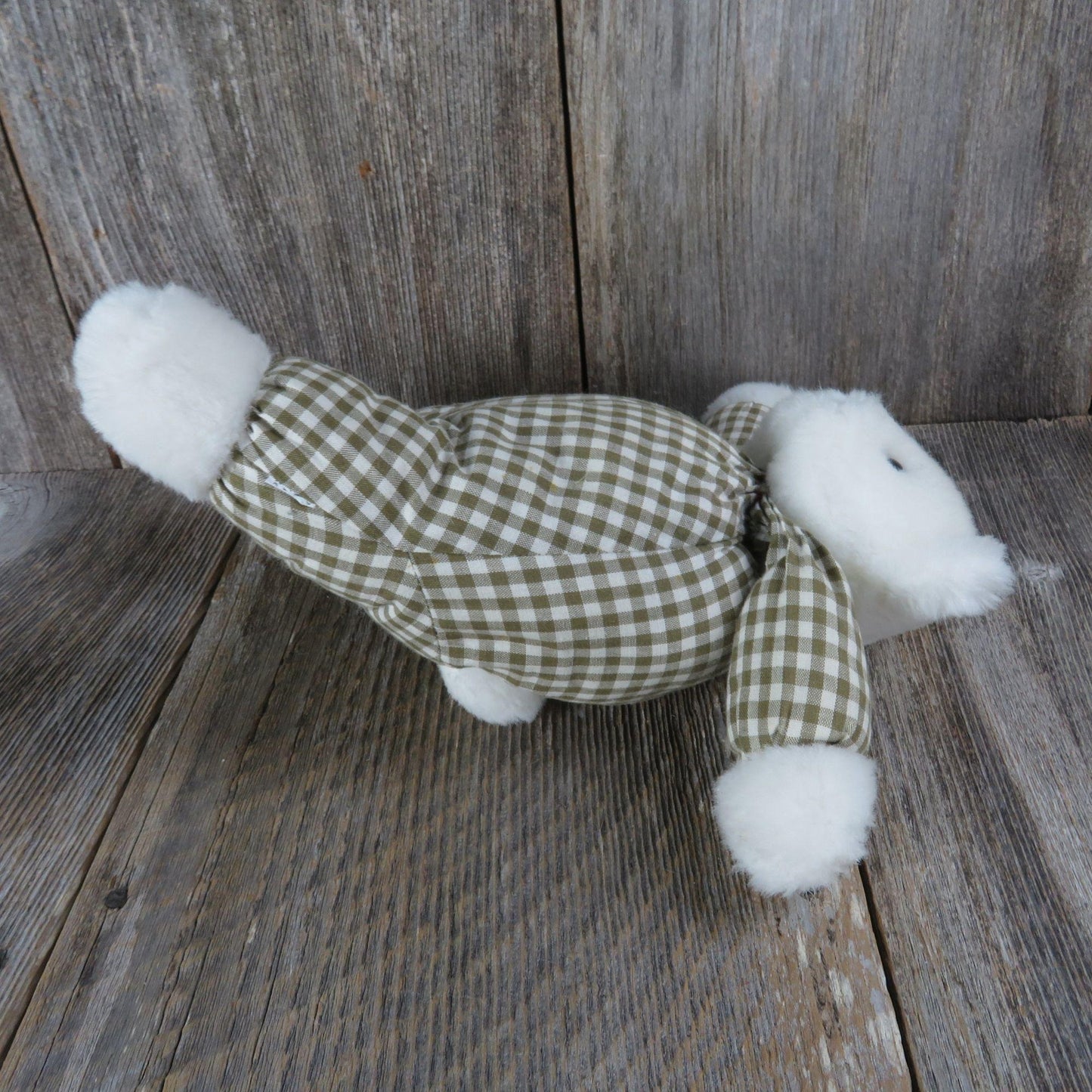 Vintage Puffy Teddy Bear Brown Gingham Plush White Soft Floppy Calico