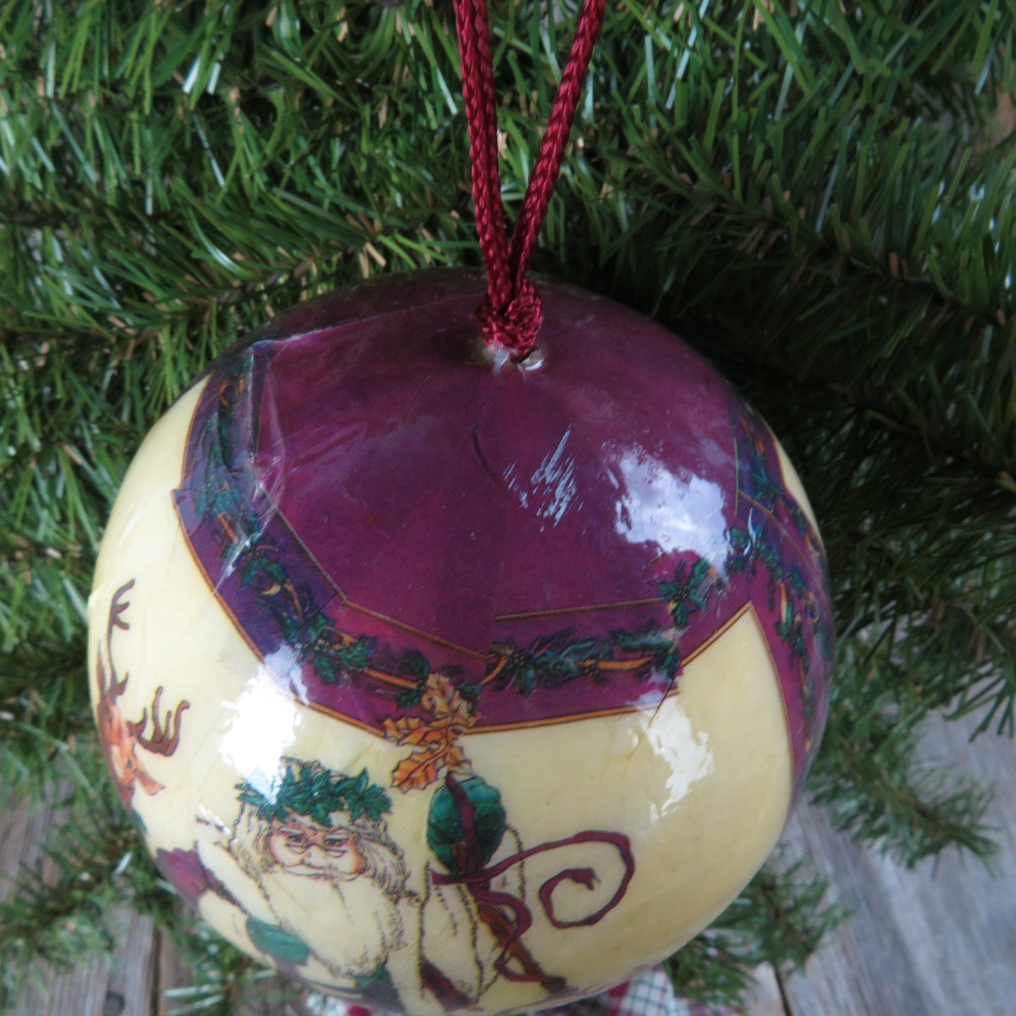 Vintage Santa Paper Mache Ball Ornament Christmas Purple St Nick Reindeer Lamb Made in Taiwan Decoupage