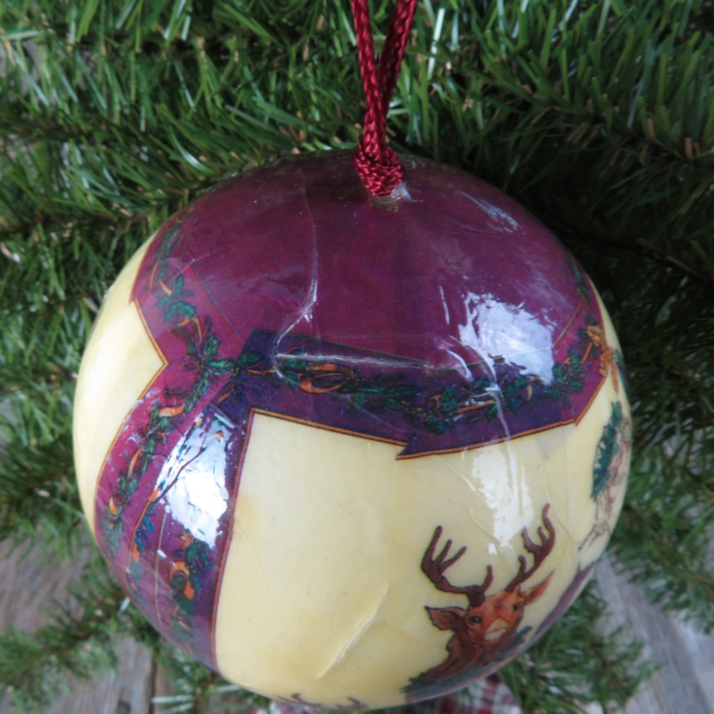 Vintage Santa Paper Mache Ball Ornament Christmas Purple St Nick Reindeer Lamb Made in Taiwan Decoupage