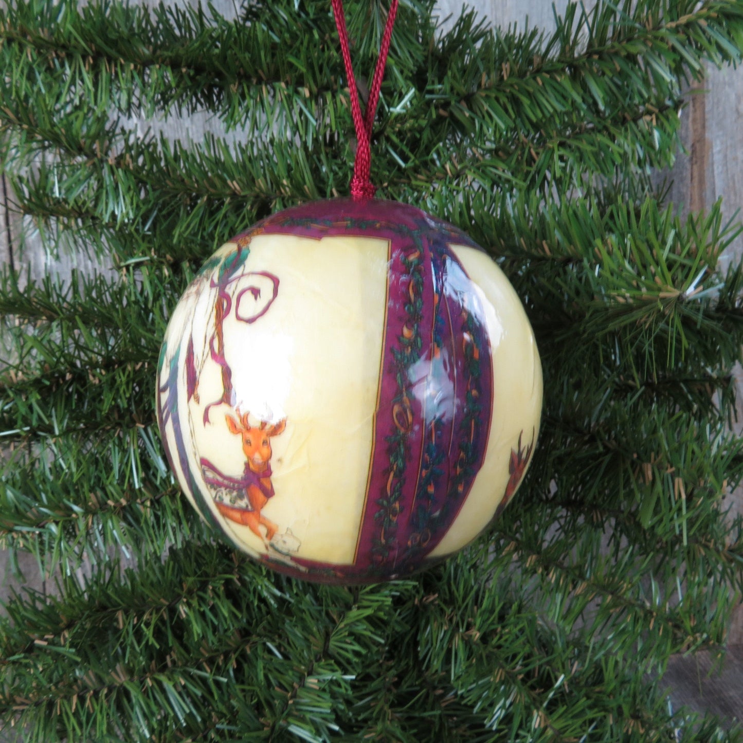 Vintage Santa Paper Mache Ball Ornament Christmas Purple St Nick Reindeer Lamb Made in Taiwan Decoupage