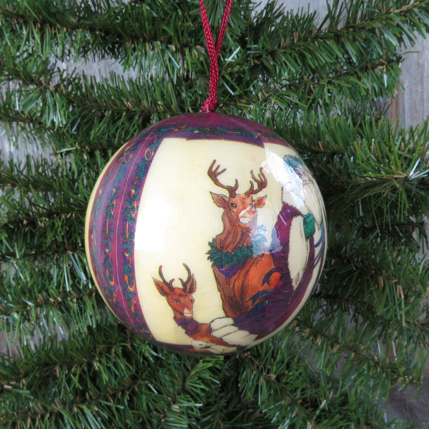 Vintage Santa Paper Mache Ball Ornament Christmas Purple St Nick Reindeer Lamb Made in Taiwan Decoupage