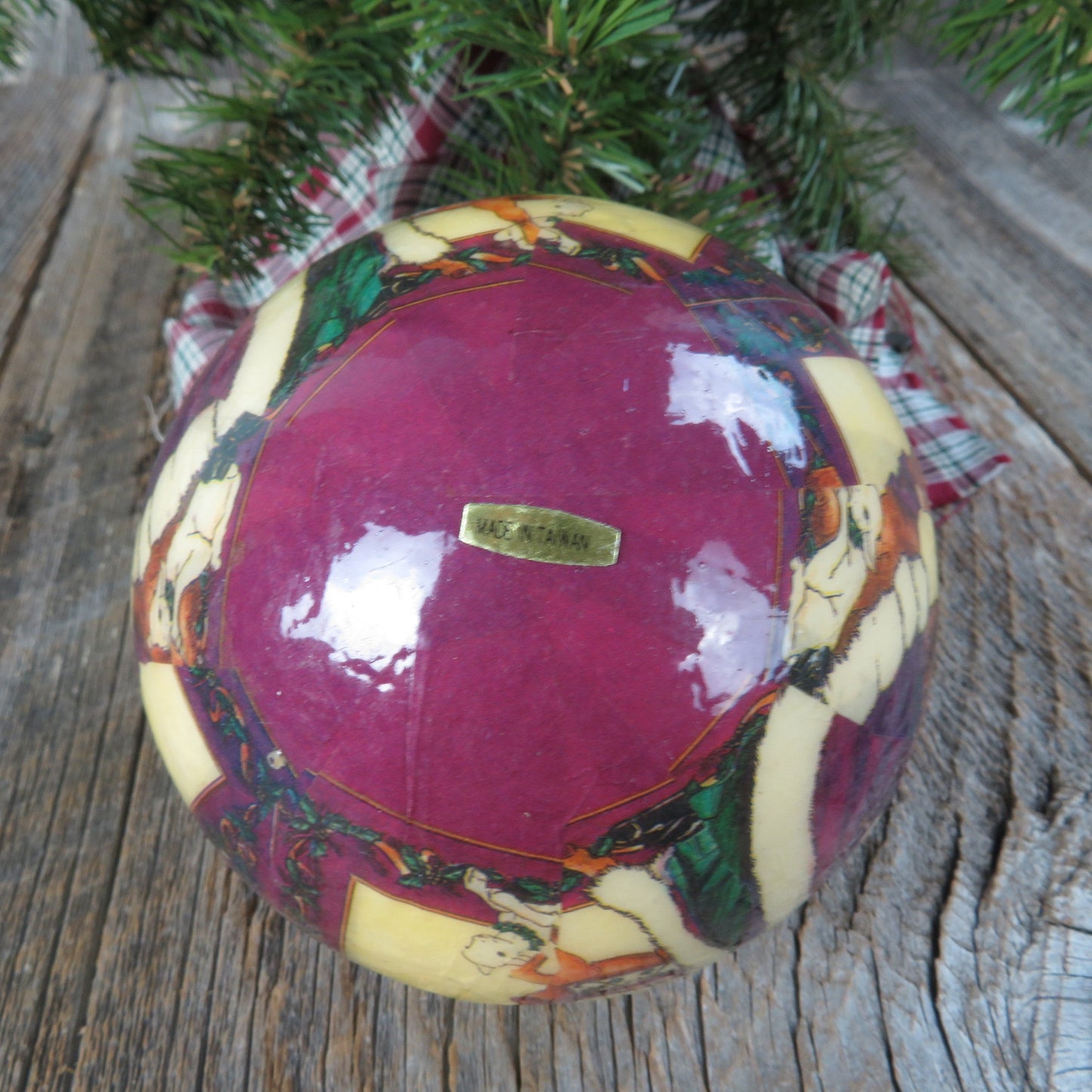 Vintage Santa Paper Mache Ball Ornament Christmas Purple St Nick Reindeer Lamb Made in Taiwan Decoupage