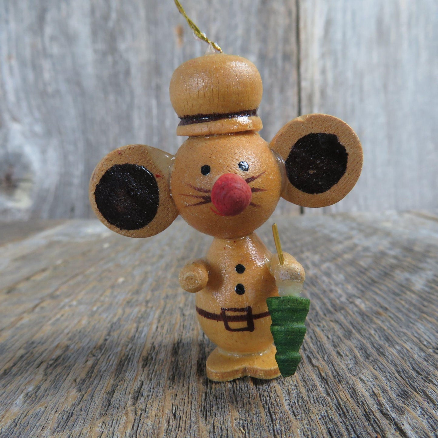 Vintage Mouse Ornament Wooden Christmas Hat Big Ears Tree Wood