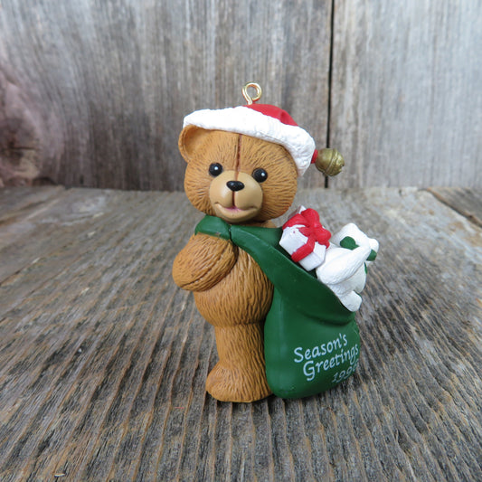 Vintage Teddy Bear Season's Greetings Ornament Santa Hat and Bag Christmas Hallmark 1996