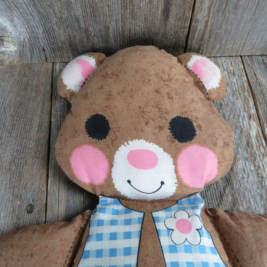 Vintage Girl Bear Plush Blue Checked Vest Pink Cheeks Fabric Body Cut and Sew Stuffed Animal