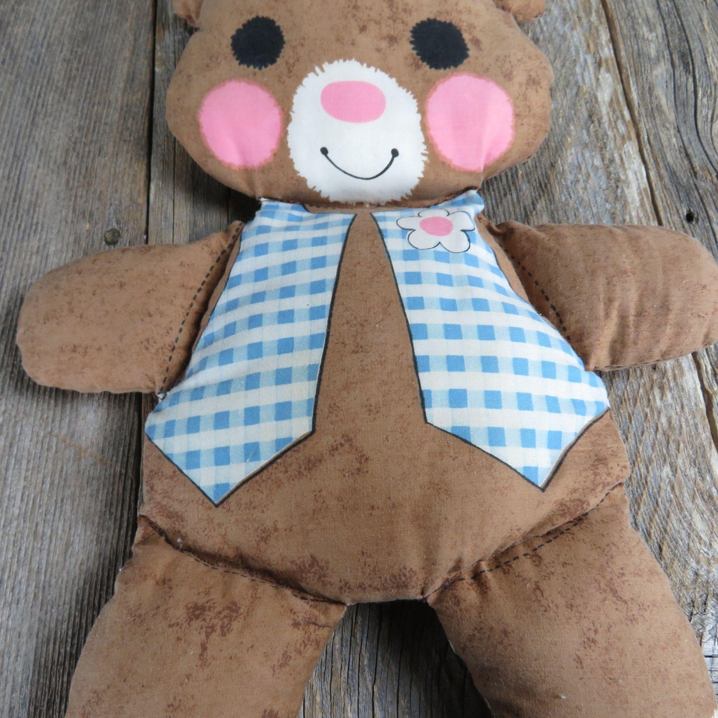 Vintage Girl Bear Plush Blue Checked Vest Pink Cheeks Fabric Body Cut and Sew Stuffed Animal