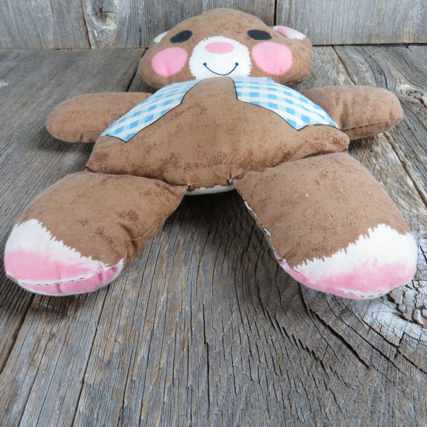 Vintage Girl Bear Plush Blue Checked Vest Pink Cheeks Fabric Body Cut and Sew Stuffed Animal