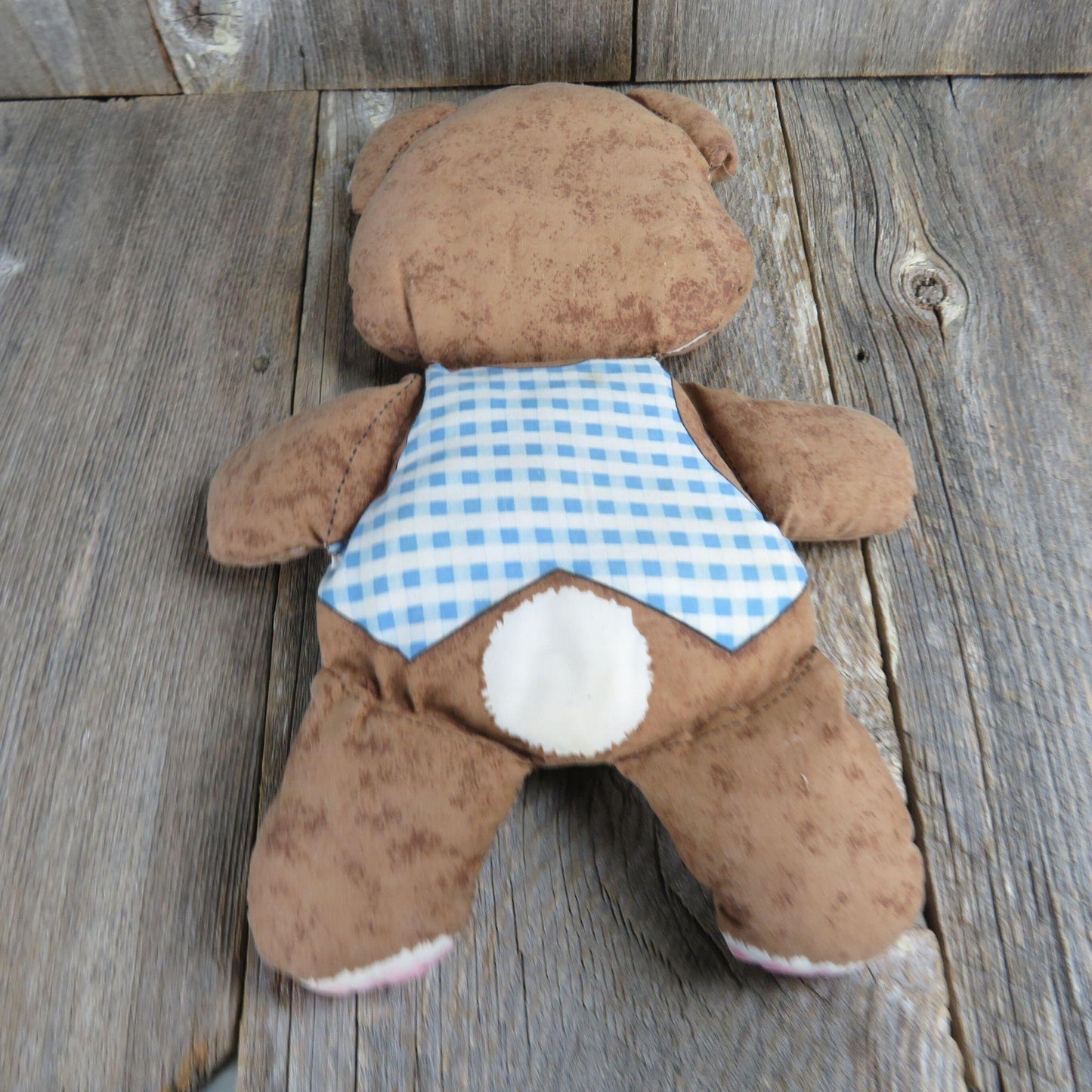 Vintage Girl Bear Plush Blue Checked Vest Pink Cheeks Fabric Body Cut and Sew Stuffed Animal