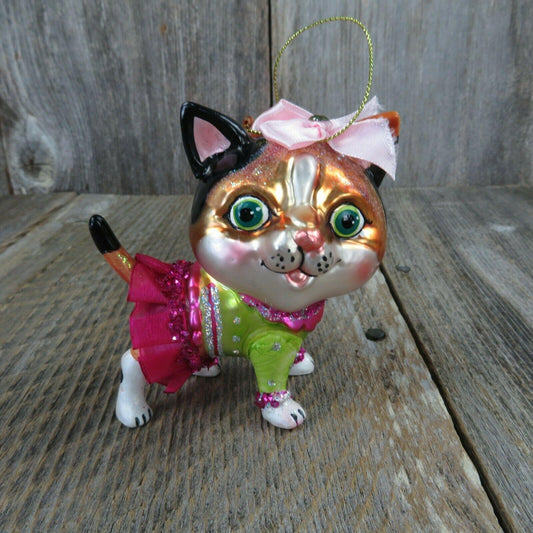 Glass Cat in Pink Green Dress Ornament Rhinestones Glitter Bow Christmas Kitten
