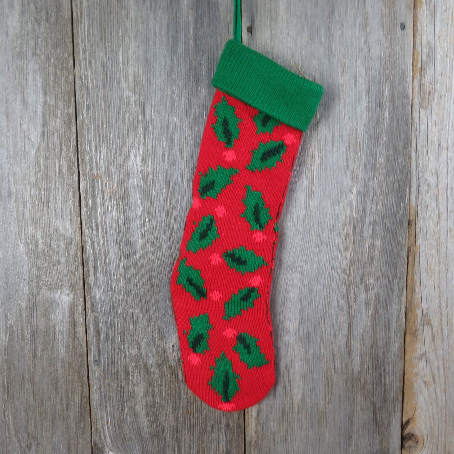 Vintage Knit Holly Leaf Stocking Hallmark Christmas Red Green Abstract Knitted Chunky 1994