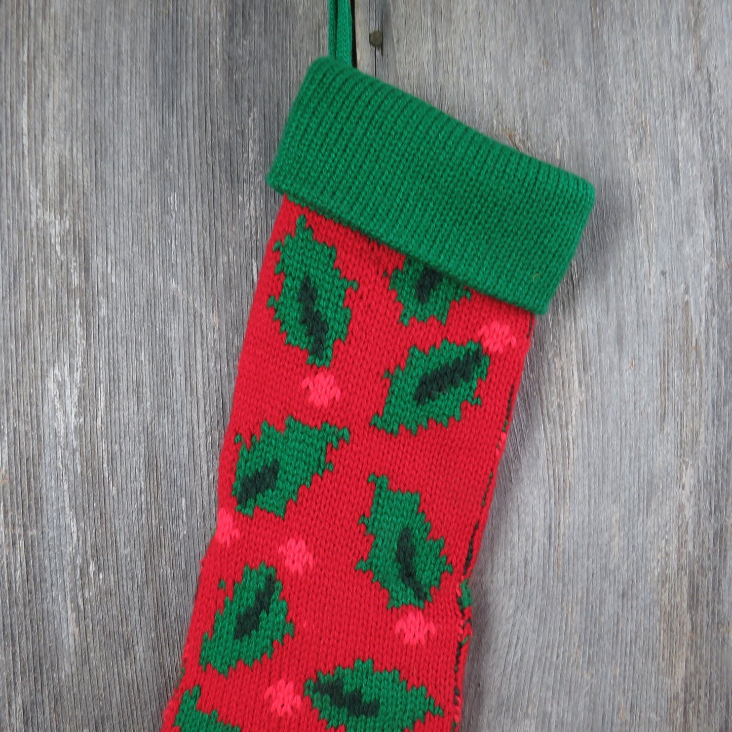 Vintage Knit Holly Leaf Stocking Hallmark Christmas Red Green Abstract Knitted Chunky 1994