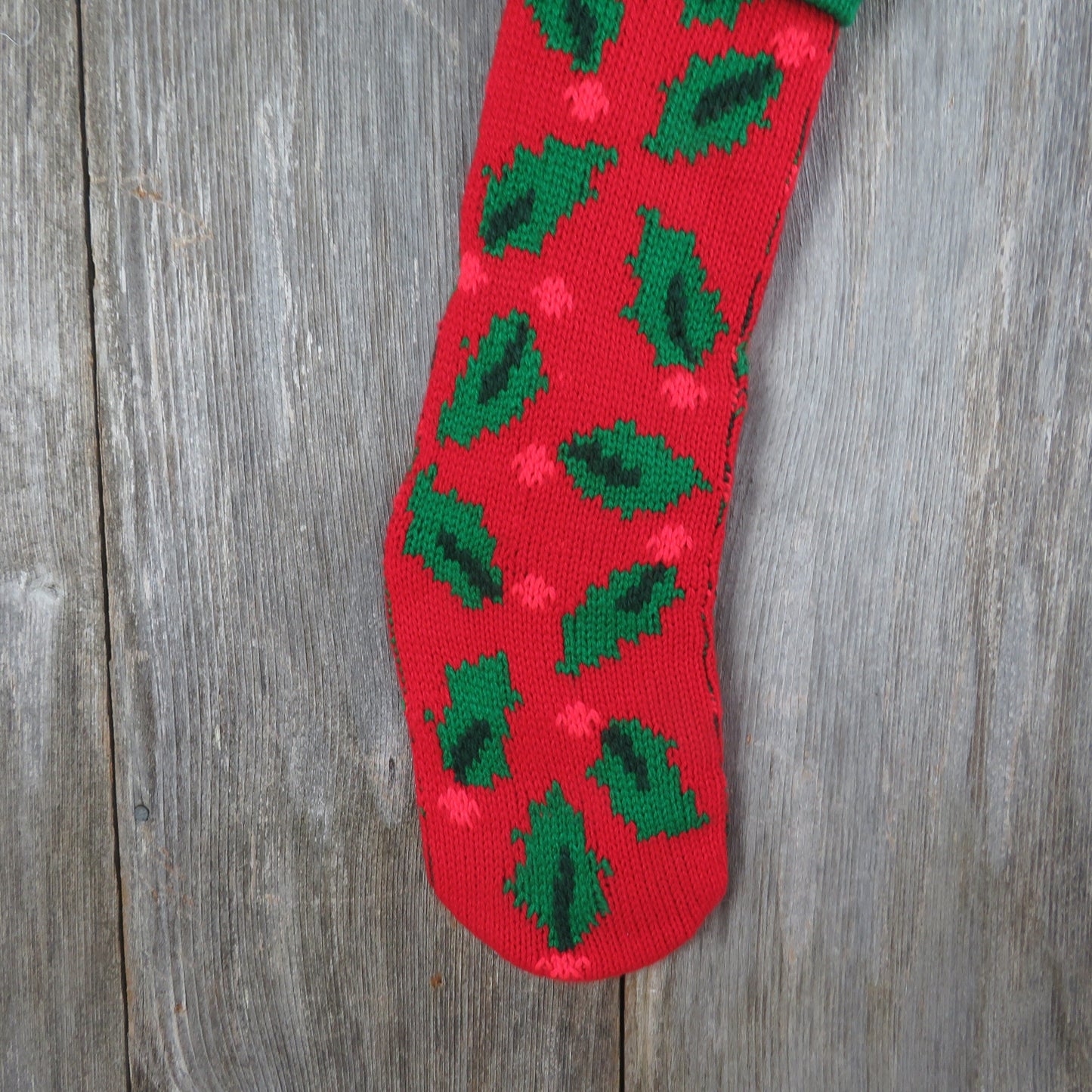 Vintage Knit Holly Leaf Stocking Hallmark Christmas Red Green Abstract Knitted Chunky 1994