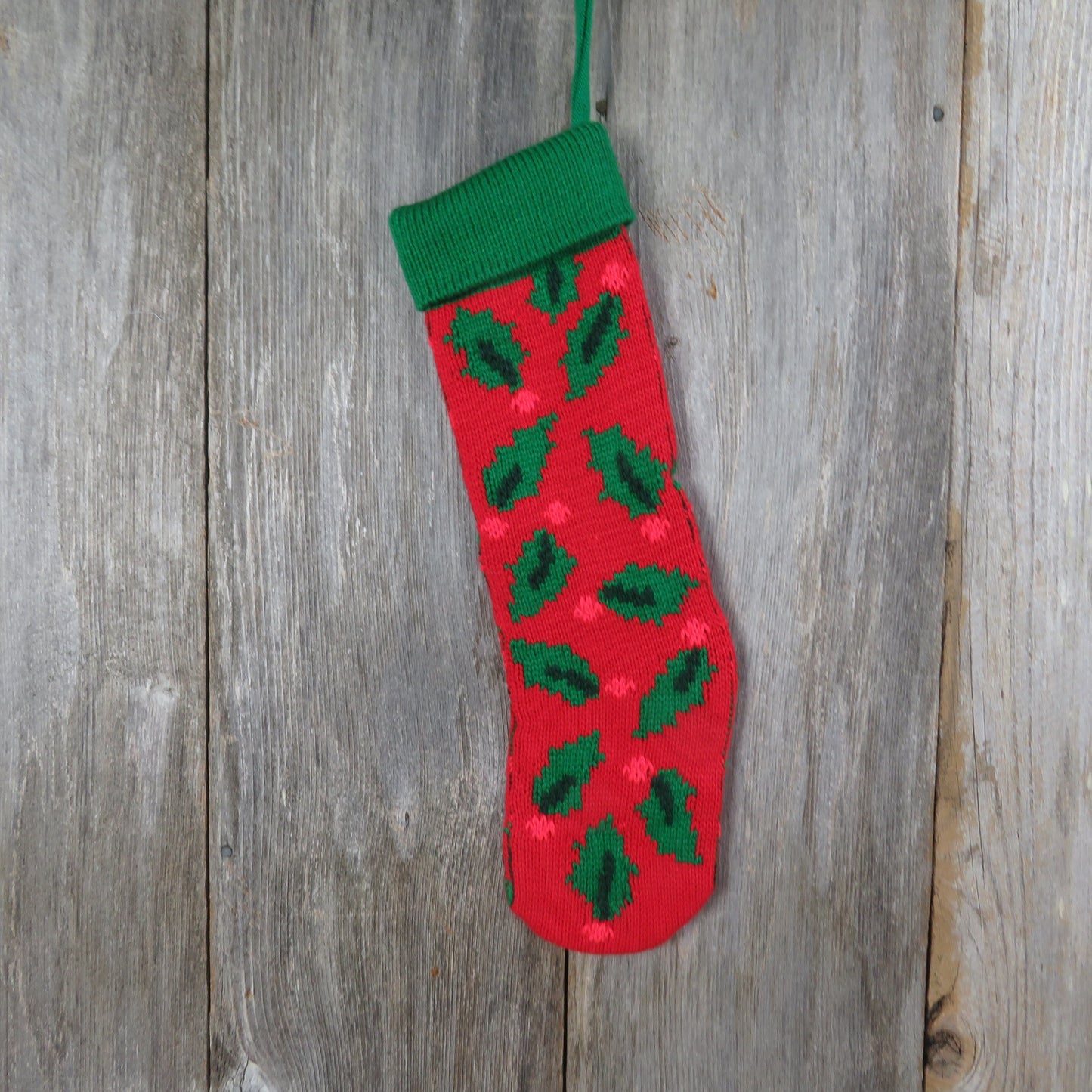 Vintage Knit Holly Leaf Stocking Hallmark Christmas Red Green Abstract Knitted Chunky 1994