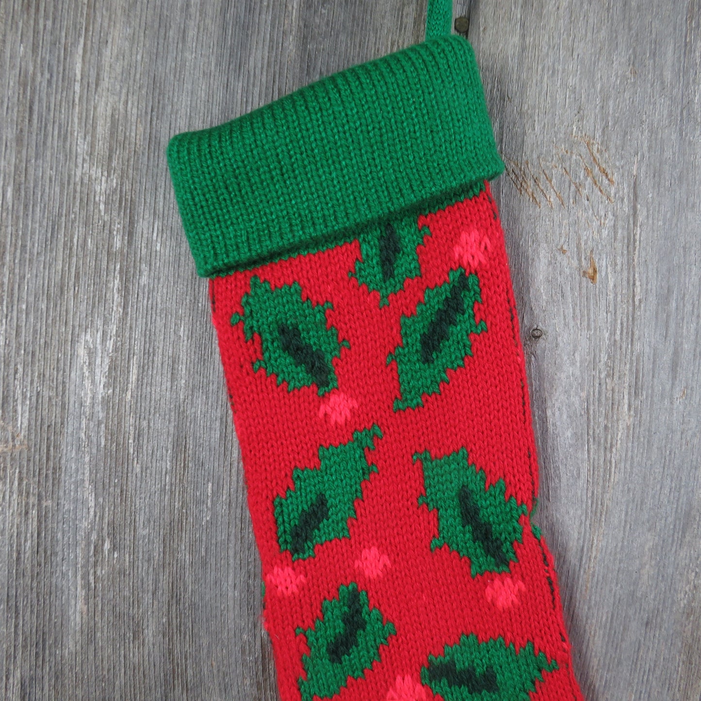 Vintage Knit Holly Leaf Stocking Hallmark Christmas Red Green Abstract Knitted Chunky 1994