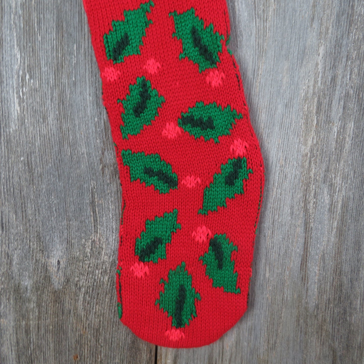 Vintage Knit Holly Leaf Stocking Hallmark Christmas Red Green Abstract Knitted Chunky 1994