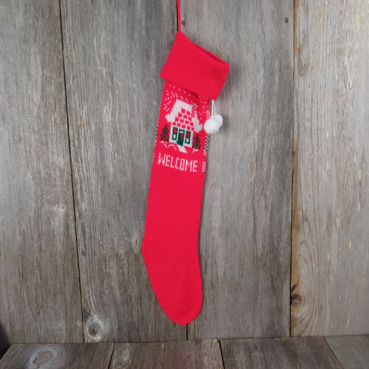 Vintage Welcome Home Knit Stocking New House Christmas Housewarming Knitted Red White 1980s