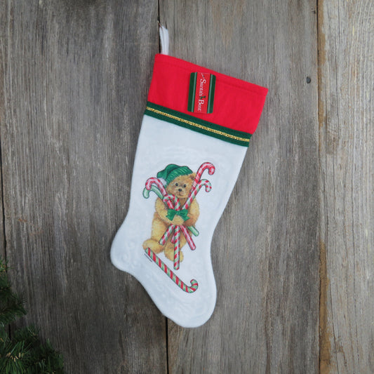 Vintage Teddy Bear with Candy Cane Stocking Christmas Santa's Best Green Hat White Fuzzy Red Green Fleece Gold Trim