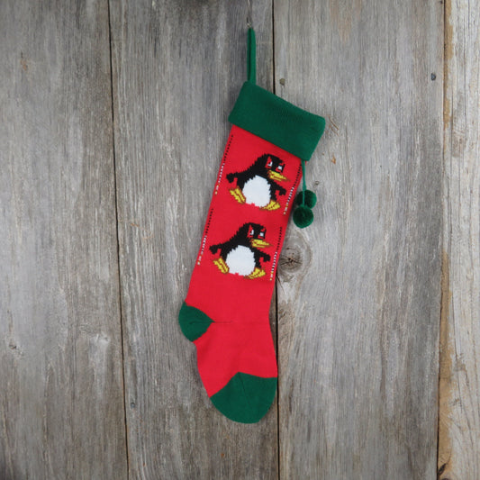 Vintage Penguin Knit Stocking Christmas Bird Knitted Red Green Pom Pom Made in Taiwan