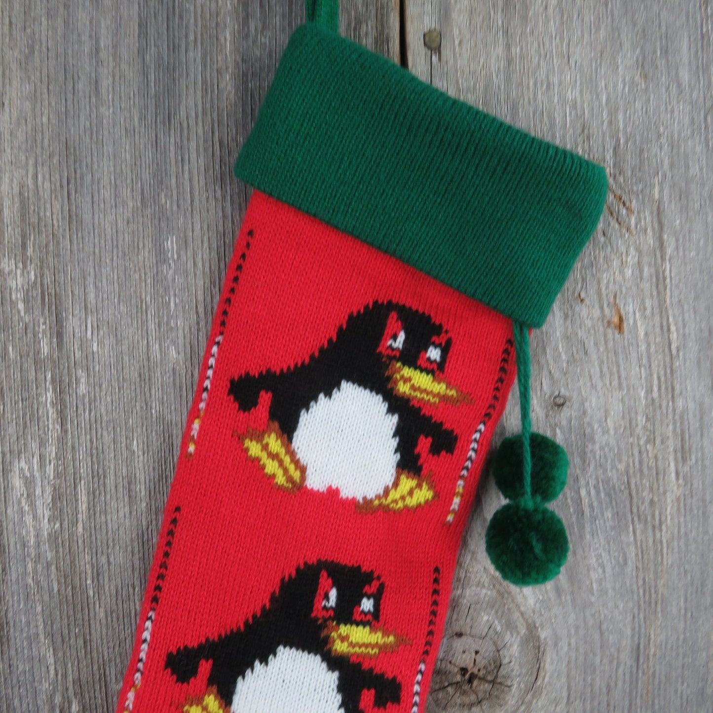 Vintage Penguin Knit Stocking Christmas Bird Knitted Red Green Pom Pom Made in Taiwan