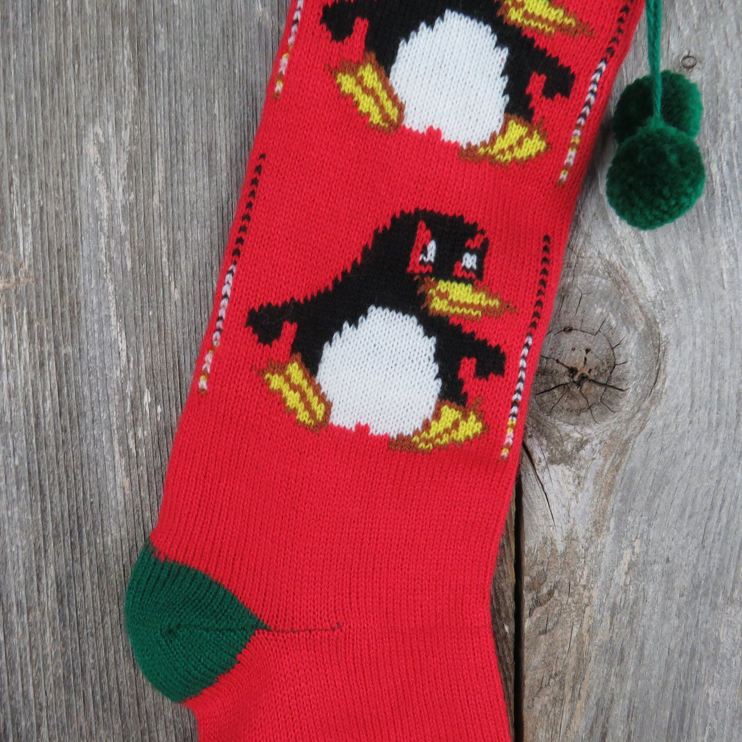 Vintage Penguin Knit Stocking Christmas Bird Knitted Red Green Pom Pom Made in Taiwan