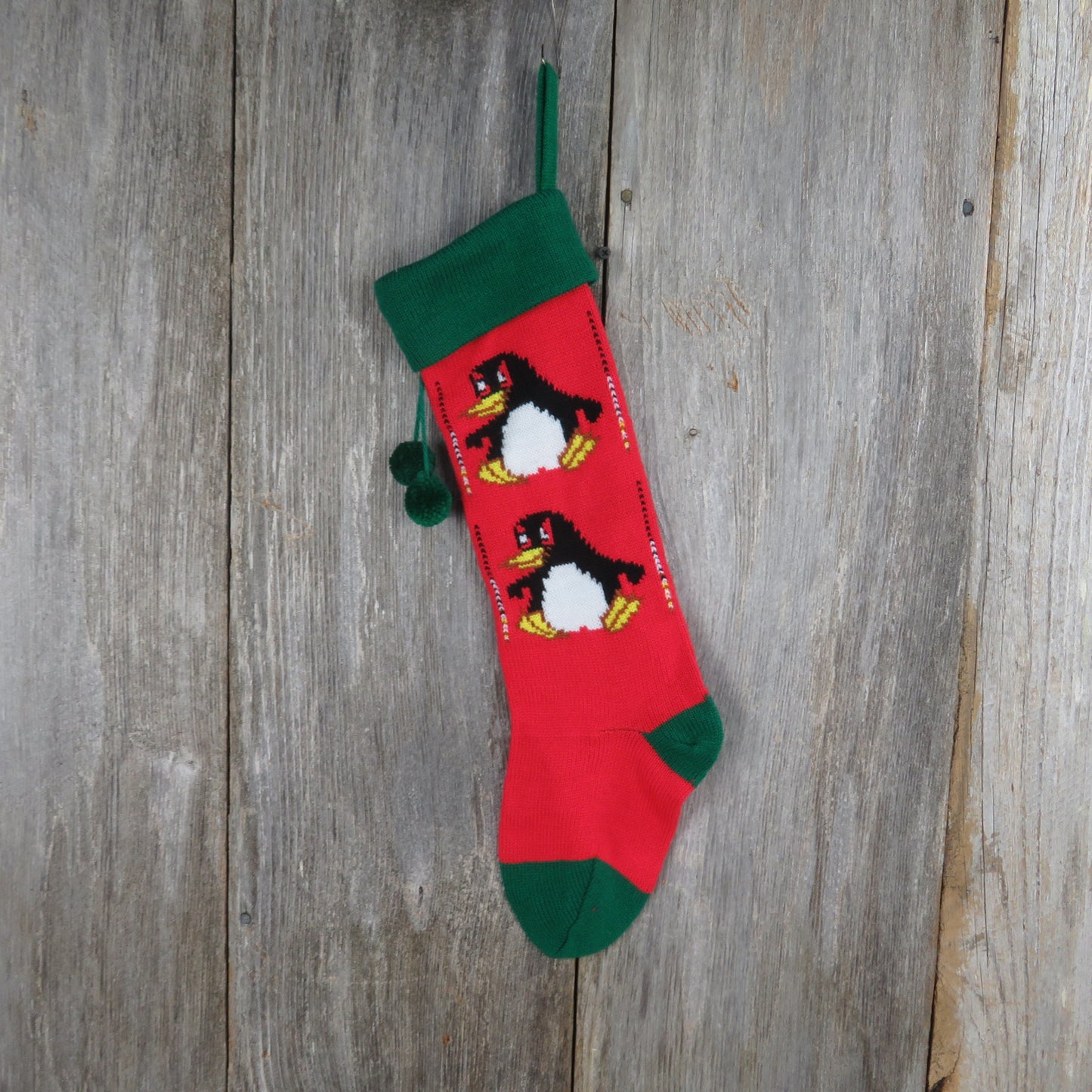 Vintage Penguin Knit Stocking Christmas Bird Knitted Red Green Pom Pom Made in Taiwan