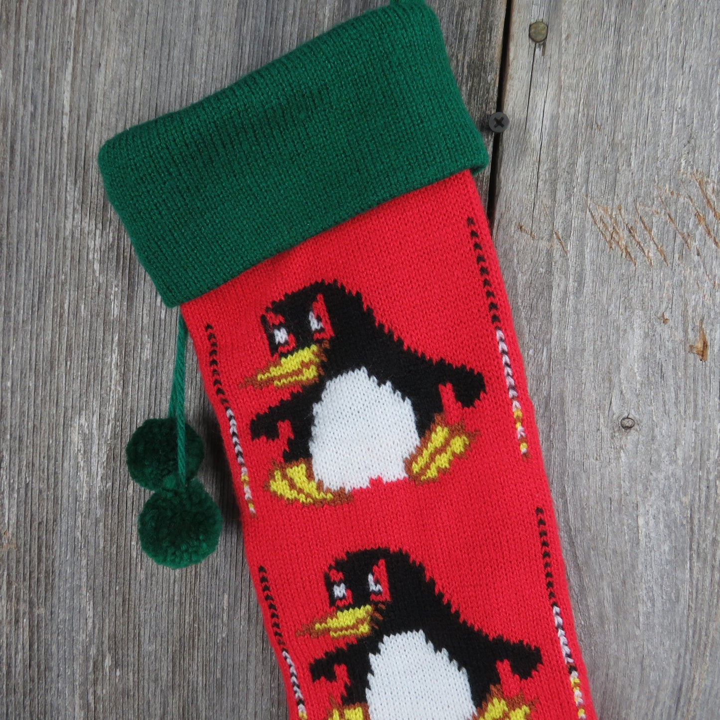 Vintage Penguin Knit Stocking Christmas Bird Knitted Red Green Pom Pom Made in Taiwan