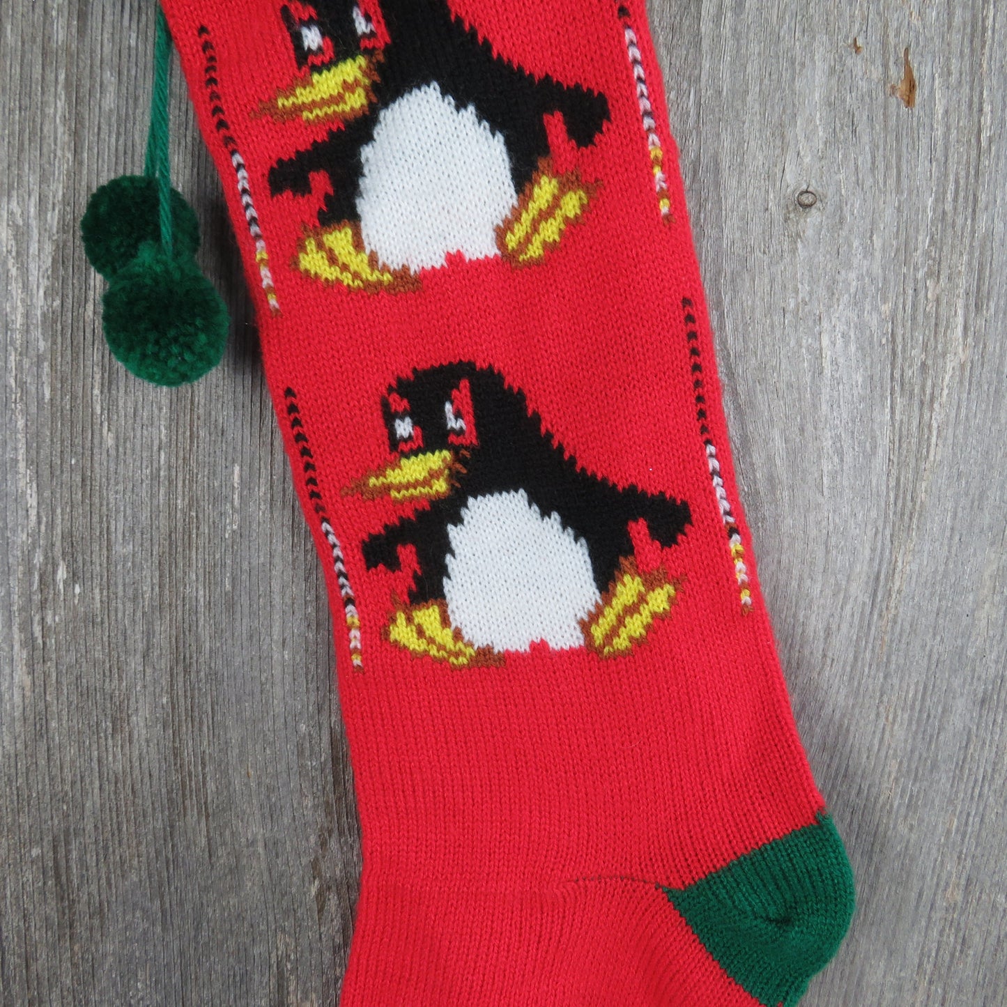 Vintage Penguin Knit Stocking Christmas Bird Knitted Red Green Pom Pom Made in Taiwan