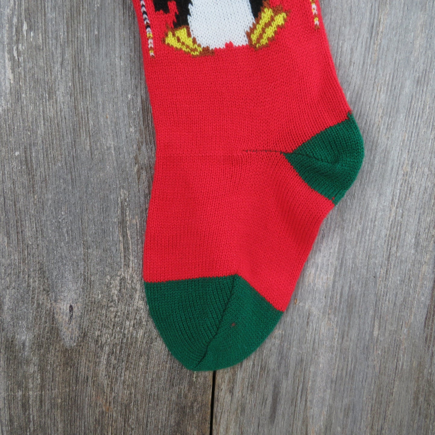 Vintage Penguin Knit Stocking Christmas Bird Knitted Red Green Pom Pom Made in Taiwan