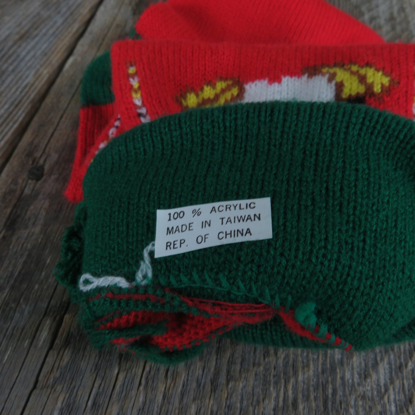 Vintage Penguin Knit Stocking Christmas Bird Knitted Red Green Pom Pom Made in Taiwan