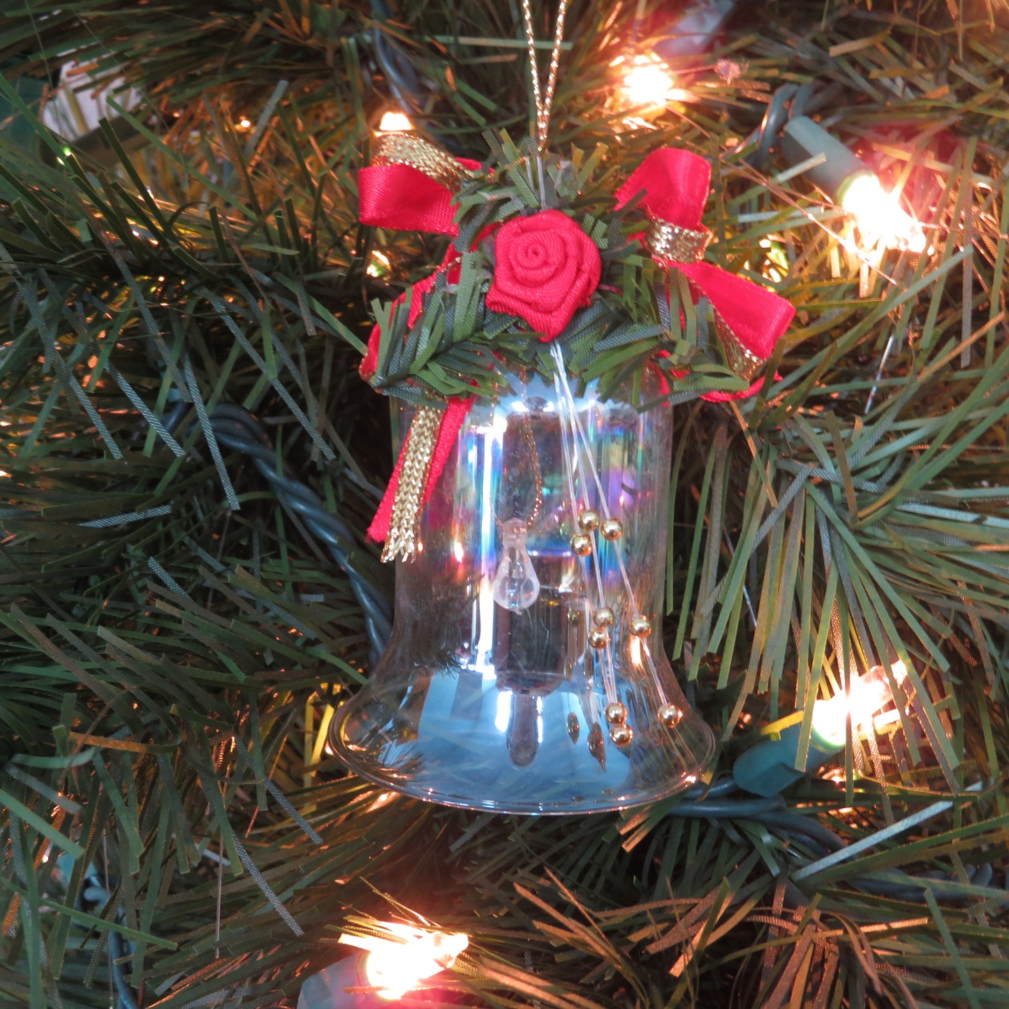 Vintage Glass Bell Ornament Iridescent Red Ribbon Bow Christmas Single Bell Gold