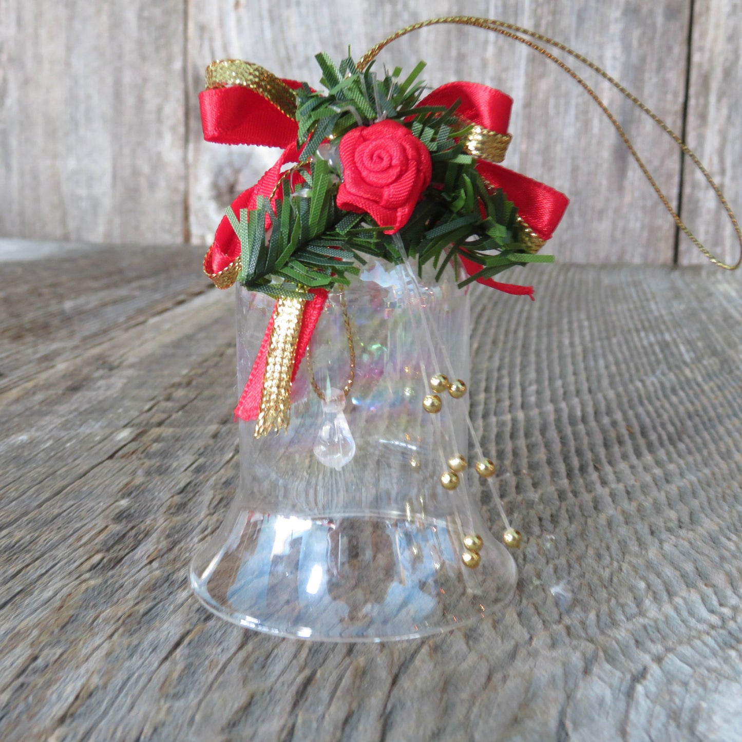 Vintage Glass Bell Ornament Iridescent Red Ribbon Bow Christmas Single Bell Gold