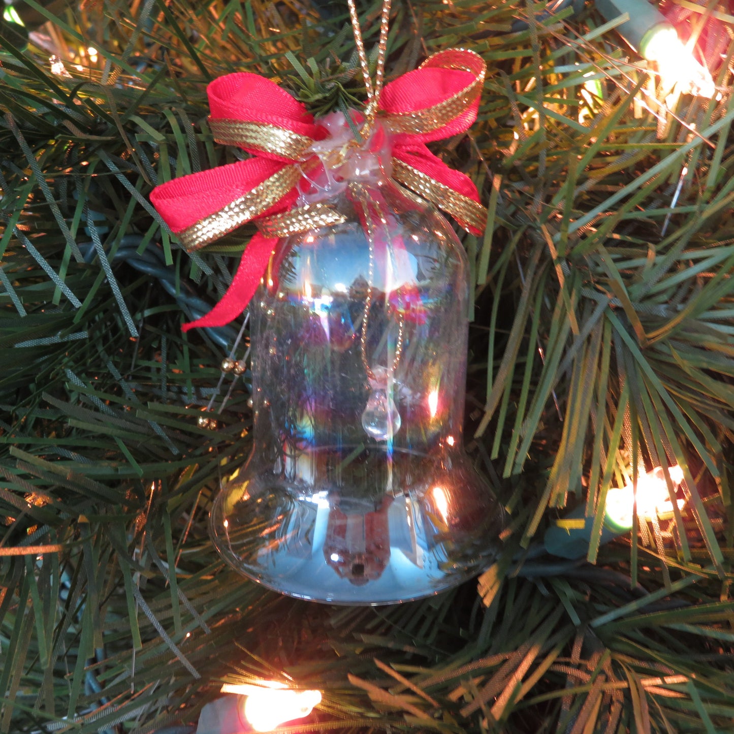 Vintage Glass Bell Ornament Iridescent Red Ribbon Bow Christmas Single Bell Gold