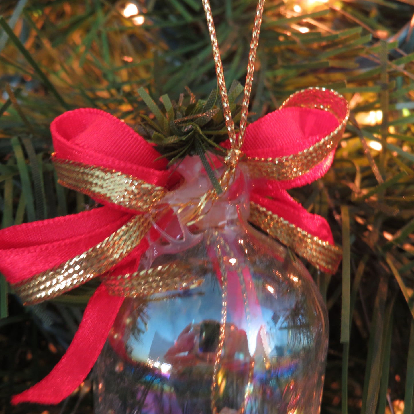 Vintage Glass Bell Ornament Iridescent Red Ribbon Bow Christmas Single Bell Gold